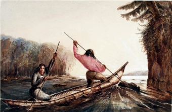 Micmac Indians Poling a Canoe Up a Rapid, Oromocto Lake, NB Richard George Augustus Levinge 19th c