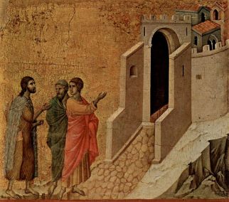 Jesus and the two disciples On the Road to Emmaus, by Duccio